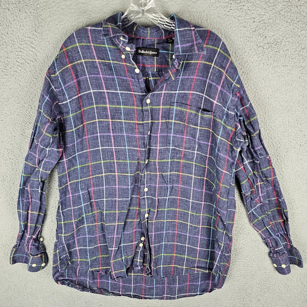 Bullock & Jones Linen Shirt Mens Large Check Long Sleeve Collar Button-Down USA